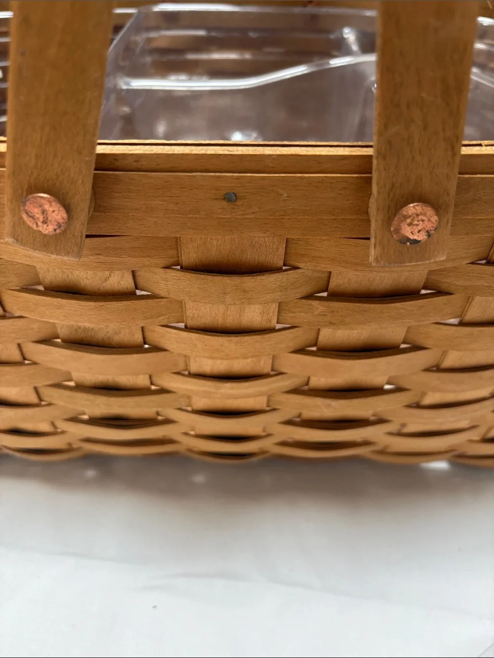 Longaberger wood market basket with hinged handles and plastic inserts